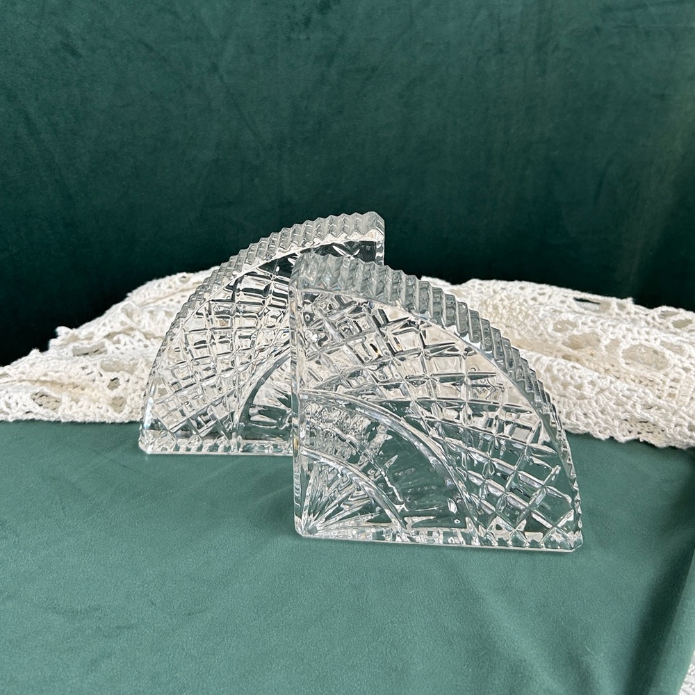 Vintage Leaded Glass Clear Cut Crystal Bookends Handblown and Hand-cut